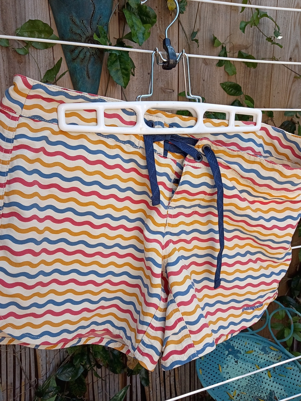Patagonia Multicolor Wavy Stripe Swim Shorts with Navy Drawstring